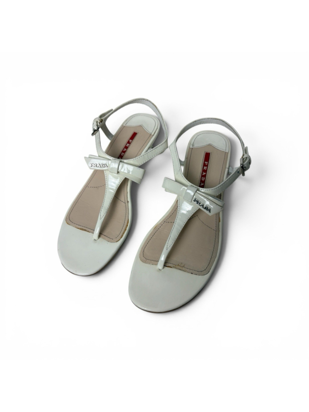 Prada White Patent Leather Bow Logo T-Strap Wedge Sandals EU 37.5